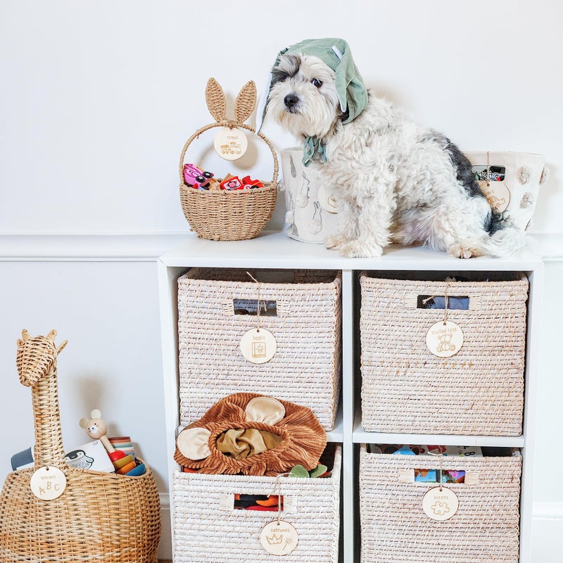 The Boho Design Wood Toy Storage Labels Natural Jute String. 20 Unique Designs of Wooden Tags for Woven Basket. Home Organization Playroom, Bedroom Decor. Illustration by Artist @vieli_arte (Wood + Jute String) - Image 4